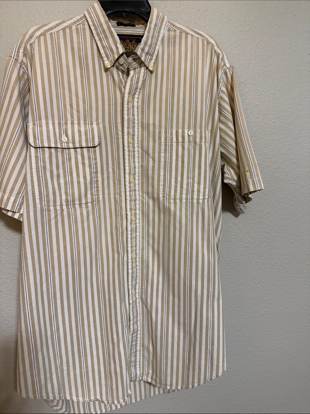 Ralph Lauren Blue Label Tan and White Striped Short-Sleeve Button-Down Shirt